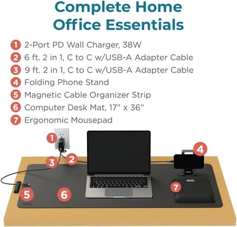 BLACK+DECKER Home Office Kit, 7 PCS Set, Desk Pad, 2-Port PD Charger, Ergonomic Mouse Pad, Phone Stand, Combo Cables, Cable Organizer, Workspace Accessories Perfect for Work-from-Home, College Dorm in Kuwait