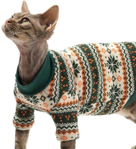 Cat Festive Sweater Pullover, Classic Soft Warm Christmas Clothes for Hairless Sphynx, Devon & All Indoor Kittens (Geometric,M) in Kuwait