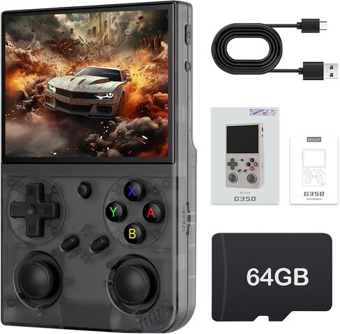 G350 Retro Handheld Game Console 3.5-inch 640*480 IPS OCA Screen 3200mAh Lithium Battery with 64G TF Card and Wireless Networt Portable Game Console Multiple Classical Simulators-Transparent Black in Saudi Arabia