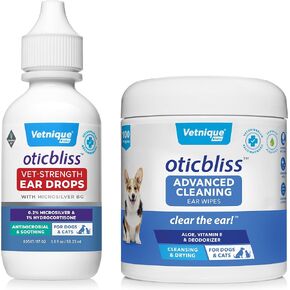Vetnique Labs oticbliss vet argency قطرات الأذن مع microsilver bg و oticbliss مناديل التنظيف المتقدمة (100 عدد) حزمة ظروف الأذن المتقدمة قطرات الأذن القوة السريرية ، بالإضافة إلى مناديل تنظيف الأذن