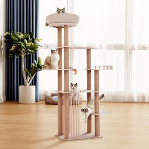 GIMU 68" Large Cat Tree, Solid Wood Multi-Level Cat Tower with Scratching Posts, Fun Toys, and Washable Plush Platform for Indoor Cats