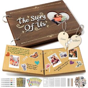 CY2SIDE Couples Photo Album Scrapbook - 111PCS The Story of Us Wooden Scrapbook Craft Kit Included Wood Cover Heart Puzzle Brown Paper Sticker and Template for DIY, Anniversary Dating Gift for Him Her