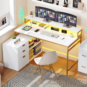 YITAHOME L Shaped Desk with Drawers, 55" Corner Computer Desk with Power Outlets & LED Lights, Large L-Shaped Office Desks with File Cabinet, White & Gold