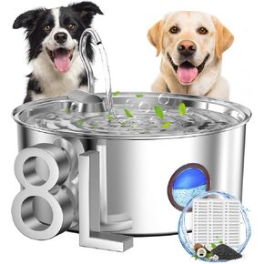 Dog Water Fountain for Large Dogs- 270oz/8L Stainless Steel Dog Water Bowl Dispenser Automatic Pet Water Fountain with Ultra-Quiet Pump/Quadruple Filtration for Dogs, Cats, Multiple Pets