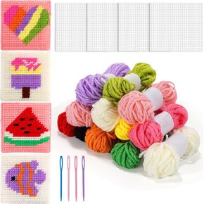 Misscrafts Cross Stitch Stitch Kit تتضمن تعليمات 4 قماش بلاستيكي فارغ لإبرة 13 خيوط ملونة