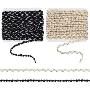 Fingerinspire 10 ياردة 2 pcs spation نمط الموجة جديلة الشريط الدانتيل 1/8 بوصة الشريط الدانتيل الأسود أبيض عريض مع 1 حبلا الذهب الفضة مقطوعة جديلة لملحقات الملابس إكسسوارات المنزل ديكور المنزل