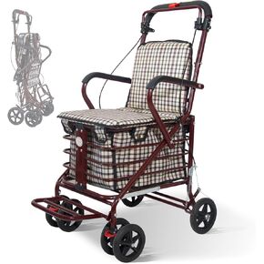 Heavy Duty Foldable Shopping Cart with Seat, Rollator Walkers for Seniors All-Terrain Wheels, Comfortable Thickened Cushion, Easy to Fold and Store, FitS 59-72 Inches, 185 lbs