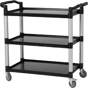 Service Cart Heavy Duty 3-Shelf Rolling Utility/Push Cart with Lockable Wheels, 360 lbs. Capacity, Black, for Foodservice/Restaurant/Cleaning
