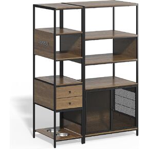 Dog Crate Furniture with Display Shelf, Decorative Dog Crate with Dog Bowl, Cat Litter Box Furniture Industrial Bookshelf, Furniture Style Dog Crate for Medium Dog, Brown