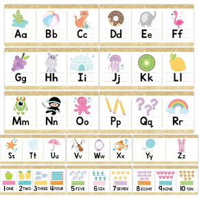 Hadley Designs Alphabet for Classroom Wall - ABC Letters and Numbers Posters for Preschool and Kindergarten - Alphabet Line for Classroom Decor and Homeschool - Gold Theme