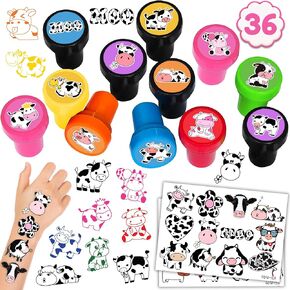 36PCS Cow Party Party Favors 24 Tattoos Sticker 12 مجموعة طوابع - طباعة بقرة مثالية ، مزرعة ، مستلزمات ديكور أعياد الميلاد تحت عنوان الحليب ، هدايا الفصول الدراسية ، مكافآت لطيفة للفتيات ، جوائز استحمام الطفل