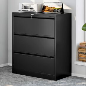 DWVO Lateral File Cabinet with 3 Drawers, Lockable Metal Stainless Steel Wide Filing Cabinet for Legal/Letter A4 Size, Heavy Duty Office Organizer Storage Cabinet, Black