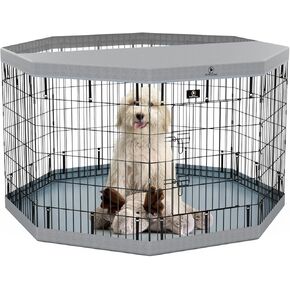 Pjyucien Puppy Playpen ， 8 لوحات 3 36 "H Dog Playpen مع لوحة أسفل Gery وغطاء أعلى رمادي ， تمرين الكلب القابل للطي للمعادن للألوان الداخلية ， أفضل للحيوانات الأليفة الصغيرة ، الرمادي