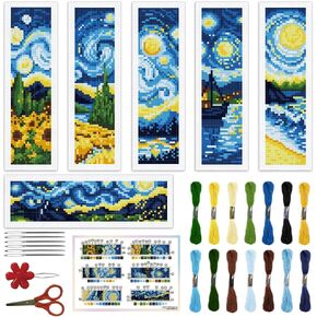 ORIGACH 6 Pcs Cross Stitch Bookmark Kit for Beginner Adults, Swirling Night Sky Stamped Embroidery Bookmark Kit with Instruction for Starters Printed Cross Stitch DIY Kits for Book Lovers
