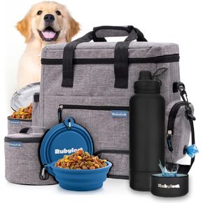 The Original Doggy Bag (Grey) & 32oz Insulated Water Bottle with Attached 8oz Bowl (Solid Black) – Dog Travel Bag & Hydration Set