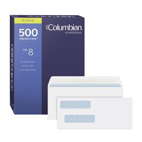 Columbian #8 أظنفة أمان النافذة المزدوجة لفحوصات QuickBooks ، إغلاق محاضرة ذاتية Redi ، 3 5/8 "× 8-11/16" ، 24 رطلاً أبيض ، 500/صندوق (1016910)