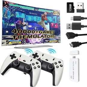 Retro Game Console Stick Pro ، 23 Emulators 40000+ ألعاب فيديو كلاسيكية مع 4K HDMI ووحدات التحكم اللاسلكية 2.4 جرام (128 جيجابايت) لعبة إلكترونية مسبقة (128G)