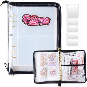 A5 ملصقات مجموعة منظمات الموثق طقم كبير (65 ورقة) ، PU Leather Clear Clear Storage Book Book مع إغلاق Zipper ، جمع مزدوج على الوجهين لمخطط سجلات المجلات (Green)