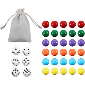 30Pcs 14MM Wahoo Board Game Replacement Marbles 6 Colors Aggravation Marbles with 6 Dices and 1 Storage Bag for Aggravation Wahoo Board Game