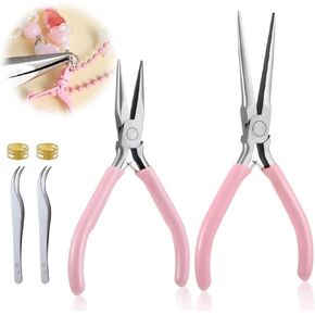 Jewelry Pliers 2 Set Precision Chain-Nose Plier Plus Tweezers for Jewelry Making Stainless Steel Wire-Wrapping Tool with Ergonomic Grip Professional Craft Pliers for Beading Wire Work and Hand DIY