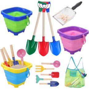 13 Pack Beach Bucket Doalke Toys for Kids ، و Pails Pails Beach Sand Toys القابلة للطيات الشاطئية والمجاملات المقدمة للأطفال الصغار رمال الرمال ومجارف شبك