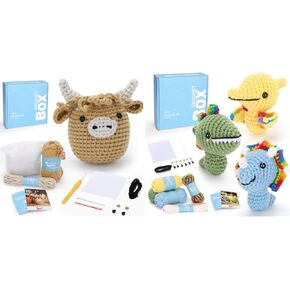 طقم الكروشيه للمبتدئين: Highland Cow & 3pcs Dinosaur