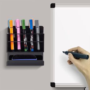 Wall Mounted Black Acrylic Marker Holder Whiteboard Dry Erase Marking Pen & Eraser Towels 2 Tiers 10 Slots Raised Edge Classroom Accessories Office Supplies Stationery Storage Organizer