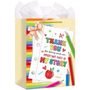 FaCraft Teacher Gift Bags with Handle-11.5" Large Teacher Appreciation Gift Bag with Tissue Paper End of Year Graduation Gifts for Teachers Retirement Appreciation Day Christmas Gifts for Teachers