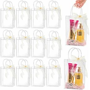 Ohuimrt 50 PCS Clear Plastic Gift Bags with Handles, Reusable Party Favor Bags with Ribbon Transparent Gift Wrap Bags Bulk for Weddings Birthdays, 5.9 x 4.92 x 2.75 Inches