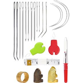 16 Pcs Upholstery Needle, Heavy Duty Hand Sewing Needles Kit, 8 Styles of Leather Canvas Sewing Needles with Needle Threaders, Seam Rippers, Thimble, Soft Ruler (Leather Needles)