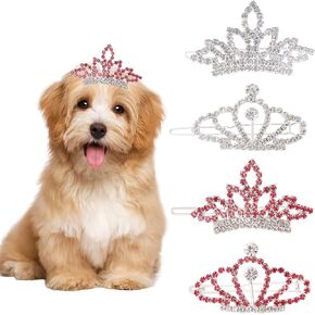 GLOBLELAND 4 Pcs 4 Styles Pet Rhinestone Crown Hair Clips Mini Tiara Crown Hair Barrettes for Pet Cat Dog Puppy Kitten Crystal Grooming Hair Accessories Pet Decoration Gift for Pet Birthday