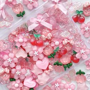 60 Pcs Junk Case Charms Kit, Charms for Junk Cases, 3D Pink Phone Case Charms, Slime Charms, Decoden Charms, Y2K Aesthetic Bow Charms, Girly Coquette DIY Craft Accessories, Flatback Resin Charms Bulk