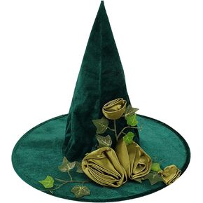 Halloween Women Witch Hat Flower Decor Wizard Hat Green Pointed Witch Hat Halloween Cosplay Magician Sorcerer Hat