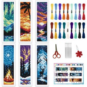 INFUNLY 6PCS Scenery Cross Stitch Bookmark Kit for Beginners 8.66"×3.15" Beach Stamped Embroidery Bookmark Kit Mountain Needlepoint Bookmark Kit with Instruction for Book Lovers Reader Writers
