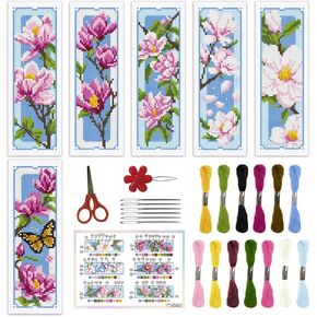 ORIGACH 6 Set Magnolia Cross Stitch Bookmark Kits for Beginner, Flowers Stamped Cross Stitch Kits with Instructions for Adults Bookmarks Lovers