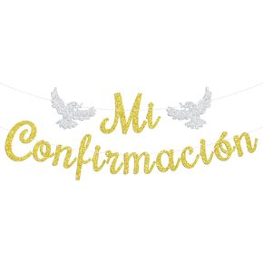 Mi IndistridAción لافتة ، الشركة الإسبانية الأولى المقدسة ، عيد ميلاد ديني الأول ، تعميد معمودية زخارف الحفلات استحمام الطفل ، اللمعان الذهبي