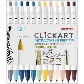 Zebra Clickart Marker Marker Pen 2.0mm Bullet Tip يكتب عرض خط 0.6 مم ، 12 لونًا محايدًا من علامات النقر القابلة للغسل - 12 حزمة