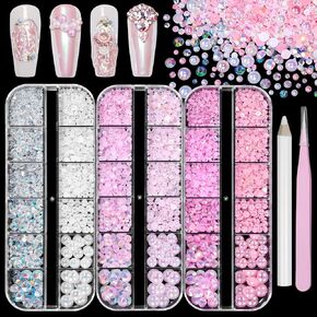 3 صناديق أحجار الراين واللؤلؤ لصياغة ، أحجام مختلطة من 2-8 مم راتنجات الهلام راتنجات الراتنجات والأحجار الكريمة اللؤلؤ من أجل بلورات اللؤلؤ البني البيضاء للأحجار الكريمة لمكياج العين أو الملابس ديي in Kuwait