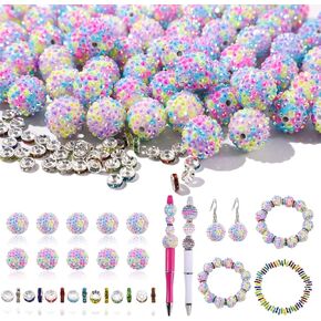 20mm Beads for Pens - 20 Pcs Rhinestone Beads and 220 Pcs Spacer Bead for Beadable Pens - Glitter Acrylic Bubblegum Round Bling Bead - Beaded Pen Supplies - Focal Bead for Bracelets(Colorful)