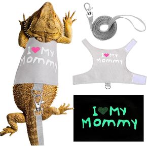 Bearded Dragon Harness and Leash Luminous Set Adjustable Bearded Dragon Lizard Harness with Glow in The Dark Outdoor Safety Walking Leash Reptile Costume Accessories(Black,Pattern A)