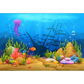 تحت Sea Aquarium Background Level Level Game Landscape الخلفية Terrarium الشعاب المرجانية الاستوائية السمكة Shoal Sunken Ship Fish Backdrop Ship Ship Backdrops Coral Reef Backdrops 72x24in