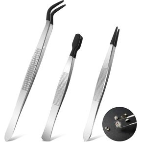 Tweezers with Rubber Tips, 3Pcs Rubber Tipped Tweezers Precision PVC Coated Tweezer Long Straight Flat Bent Tip Tweezer Tool for Beads Stamps Jewelry Making Crafting (Black)