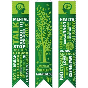 3pcs شهر التوعية بالصحة العقلية الشهر 61 × 11.8 في Banner Bulletin Board Health Health Awaling Porch Process Process Process for Ideor Outdoor Wall School Supplies (Green)
