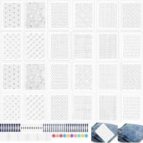 154pcs sashiko تطريز نمط مجموعة مثبتات التطريز القابلة للذوبان المياه نقل الاستنسل مثبتات العصا ورقة التطريز وغرزة قالب ساشيكو لخياطة خياطة يدوية اللحف والتطريز