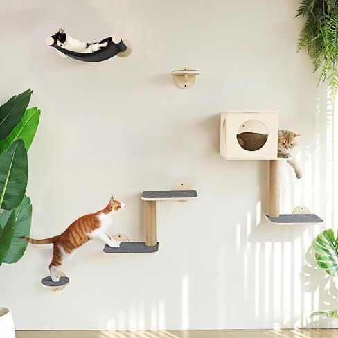 FUKUMARU Cat Wall Shelves, 5-Piece Wall-Mounted Furniture Set, Stable Wooden Kitty Climber with Hammock, House, Steps, Scratching Post - Beige in Kuwait