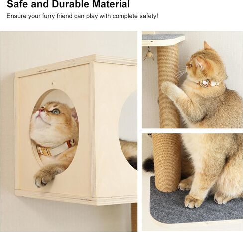 FUKUMARU Cat Wall Shelves, 5-Piece Wall-Mounted Furniture Set, Stable Wooden Kitty Climber with Hammock, House, Steps, Scratching Post - Beige in Kuwait