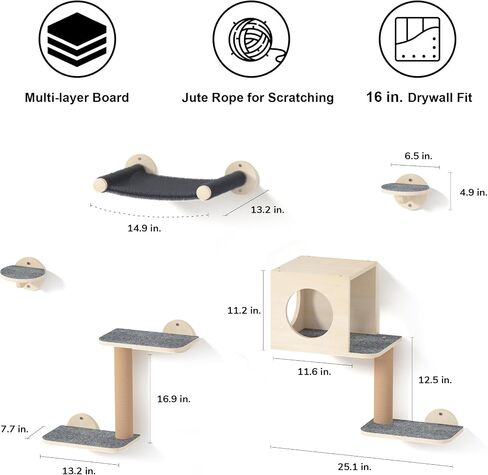 FUKUMARU Cat Wall Shelves, 5-Piece Wall-Mounted Furniture Set, Stable Wooden Kitty Climber with Hammock, House, Steps, Scratching Post - Beige in Kuwait