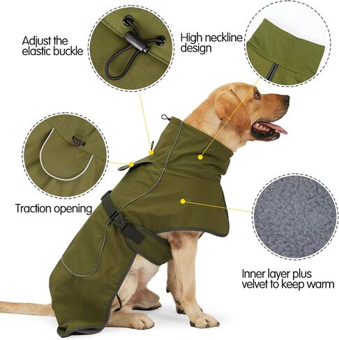 Dog Raincoat & Winter Jacket - Waterproof Windproof Reflective Coat with Warm Insulation, All-Weather Hiking Travel Gear for Indoor/Outdoor Use(Military Green, Medium) in Kuwait
