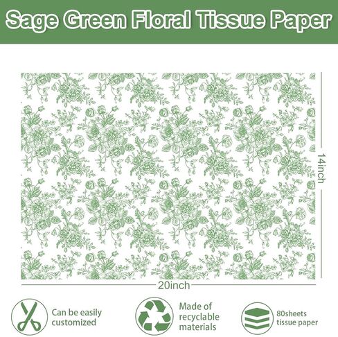 anydesign 80 أوراق Sage Green Floral Tissue Paper Chinoiserie Flower Gift Paper Paper Vintage Decorative Art Paper لعيد ميلاد الحرف DIY ، 14 × 20 بوصة in Saudi Arabia