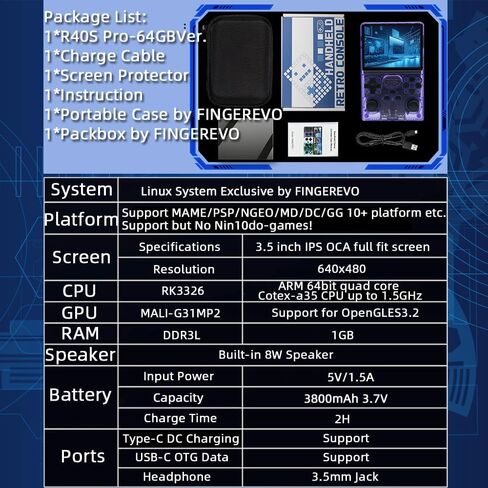 R40S Pro Handheld Game Console 3.5-in 640*480 IPS OCA Screen ArkOS 2.0 RK3326 r40spro with Portable Case Transparent Purple-64GBVer. in Saudi Arabia
